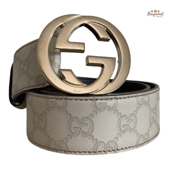 Authentic Gucci Cream Guccissima Leather Gold Interlocking G Buckle Belt 80/32 - Picture 1 of 13